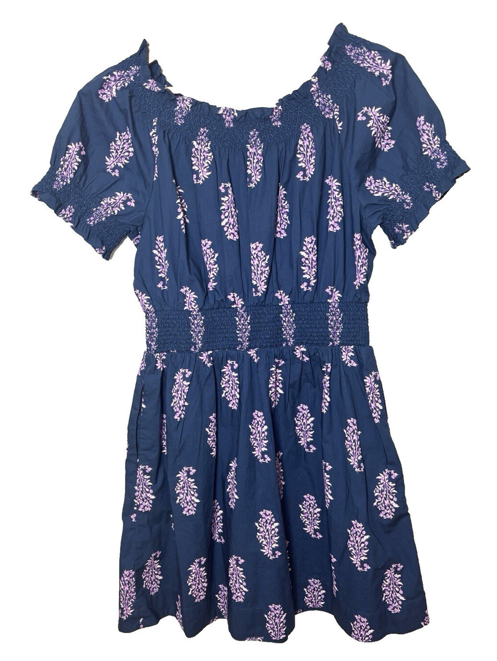 J Crew Smocked puff sleeve Sustainable Cotton Dress Navy Lavender Floral Size XS
